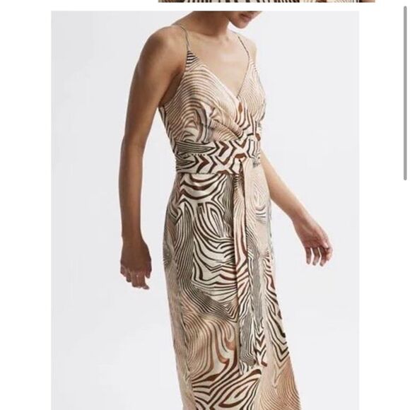 REISS Linen Blend Zebra Print Dress Size 10 Cream Brown Surplice Tie Waist Midi - Picture 14 of 14